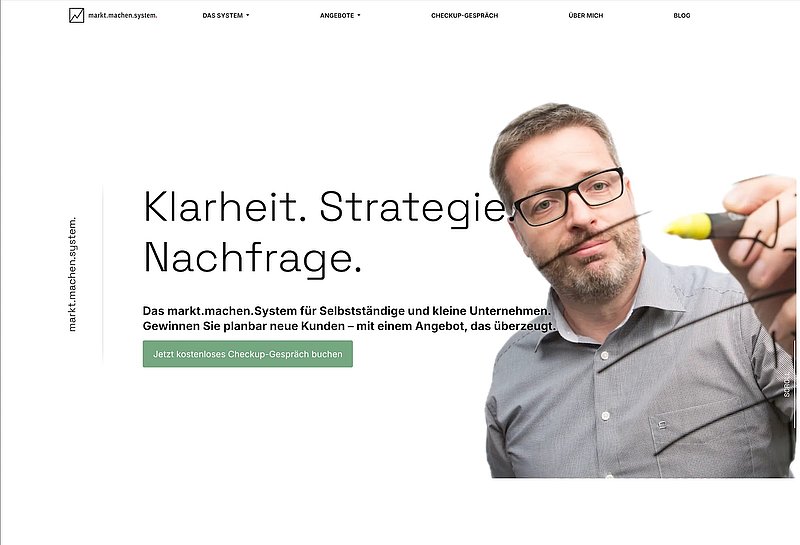 The image shows a website homepage that focuses on a system for self-employed individuals and small businesses. The main tagline reads "Clarity. Strategy. Demand." It promotes a service aimed at helping businesses gain new customers in a structured way. There's a call-to-action button for booking a free check-up conversation. 

If you have any specific questions about the content or need further assistance, feel free to ask!