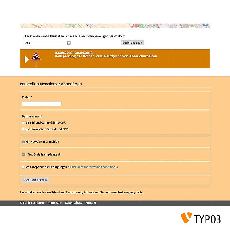 Newsletter Anmeldung - TYPO3-Verkehrsinfo-Baustellen-Erweiterung