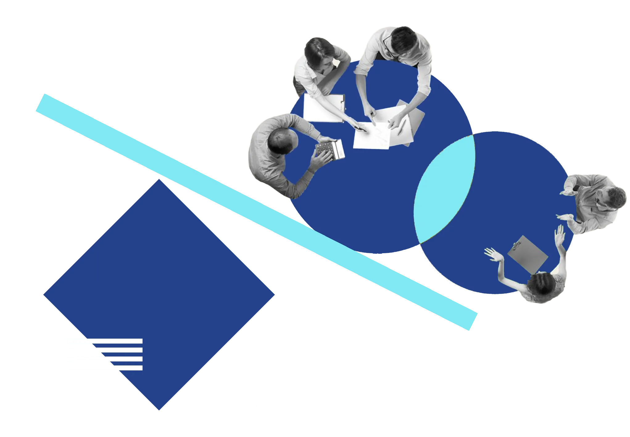 Team von pixelegg am Besprechungstisch, freigestellte Bildmontage in Navy und Türkis